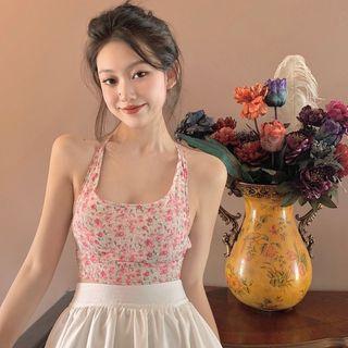 Floral Cropped Halter Top Floral - Pink - One Size