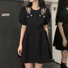 Puff-sleeve Rhinestone Mini A-line Dress Black - One Size