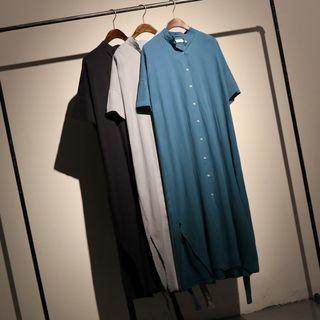 Plain Band Collar Elbow Sleeve Shirt Dress