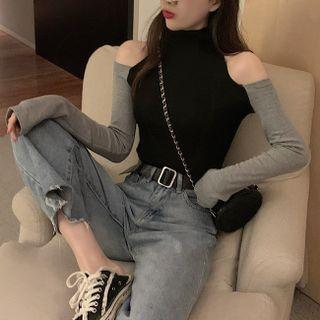 Long-sleeve Color Panel Off-shoulder Top