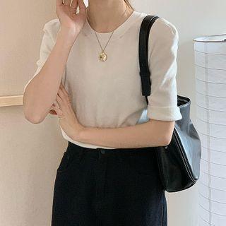 Crewneck Elbow-sleeve Plain Top