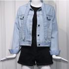 Tie-neck Buttoned Denim Jacket / Fray-hem Denim Shorts