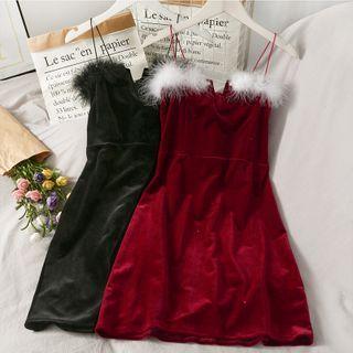 Furry-trim Corduroy Sleeveless Mini Dress