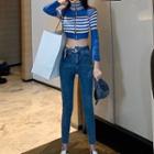 Striped Long-sleeve Cropped Knit Top / Cropped Skinny Jeans