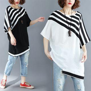 Elbow-sleeve Striped Panel Oversized Top