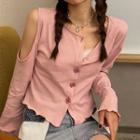 Long-sleeve Cold-shoulder T-shirt Pink - One Size