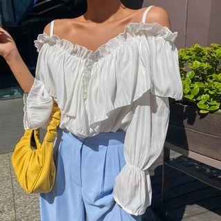 Off-shoulder Bell-cuff Frilled Blouse White - One Size