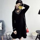 V-neck Plain Long-sleeve Knit Dress