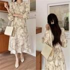 Flared Marble Chiffon Long Dress Light Beige - One Size