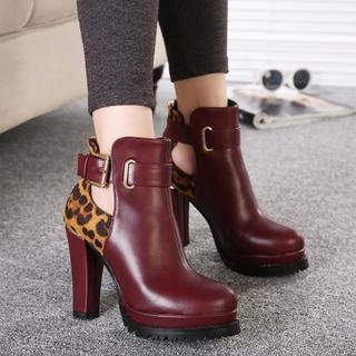 Leopard Print Panel Heeled Short Boots