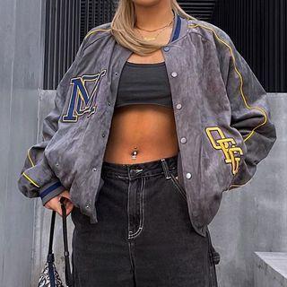 Long Sleeve Lettering Embroidered Loose-fit Bomber Jacket