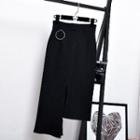 Hoop Accent Asymmetric Knit Pencil Skirt