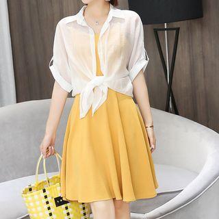 Set: Elbow-sleeve Blouse + Strappy A-line Dress