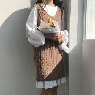 Long Balloon Sleeve Dress / V-neck Long Knit Vest