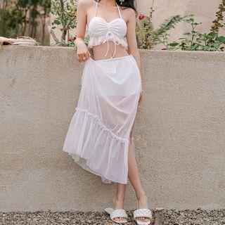 Set: Halter Swim Top + Bottom + Ruffle Hem Swim Skirt
