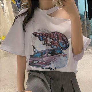 Short-sleeve Cold-shoulder Print T-shirt