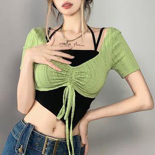 Set: Short-sleeve Crop Top + Halter Neck Camisole Top