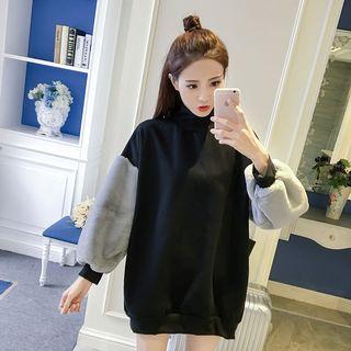 Color Block Lantern-sleeve High Neck Pullover