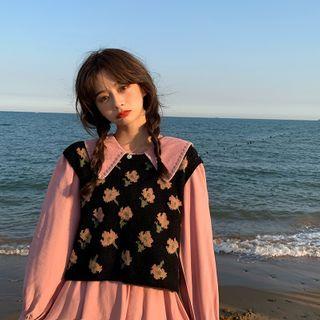 Long-sleeve Dress + Flower Print Knit Vest