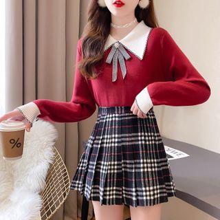 Set Of 2: Peter Pan-collar Bow Color Block Knit Top + High-waist Plaid Pleated Skirt
