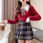 Set Of 2: Peter Pan-collar Bow Color Block Knit Top + High-waist Plaid Pleated Skirt
