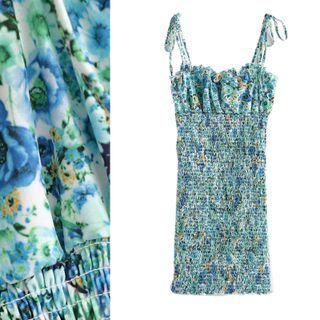 Floral Print Smocked Sheath Sleeveless Dress