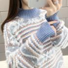 Oversize Mock Neck Pattern Sweater