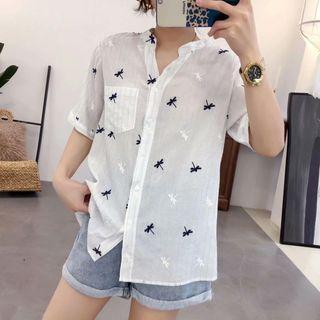 Dragonfly Embroidered Short-sleeve Blouse White - One Size
