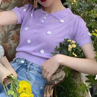 Short-sleeve Flower Detail Collared Knit Top