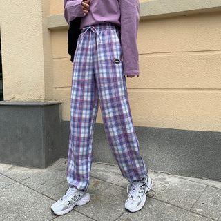 High-waist Drawstring Applique Plaid Pants