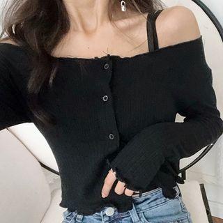 Off-shoulder Rib-knit Cardigan