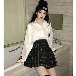 Long-sleeve Applique Shirt / Mini A-line Plaid Pleated Skirt