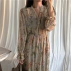 V-neck Sweater / Long-sleeve Floral Maxi A-line Dress