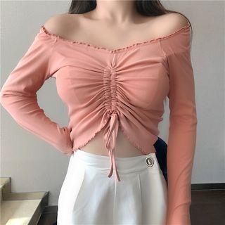 Long-sleeve Off-shoulder Drawstring Top