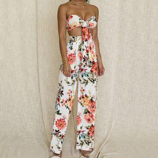 Set: Floral Tube Top + Wide Leg Pants