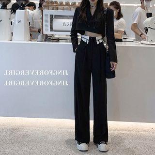 Set: Double Breasted Cropped Blazer + Wide-leg Dress Pants