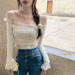 Bell-sleeve Off-shoulder Mesh Trim Top Off-white - One Size