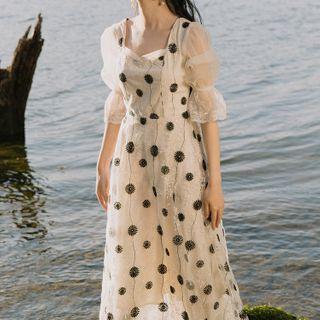 Flower Elbow-sleeve Midi A-line Dress