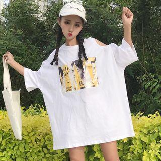 Cold Shoulder Printed Elbow-sleeve Long T-shirt