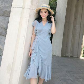 Ruffle-sleeve A-line Wrap Dress
