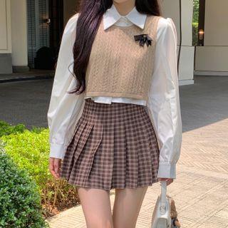 Plain Cropped Sweater Vest / Shirt / Plaid Mini A-line Skirt