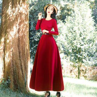 Plain Long-sleeve Maxi A-line Dress