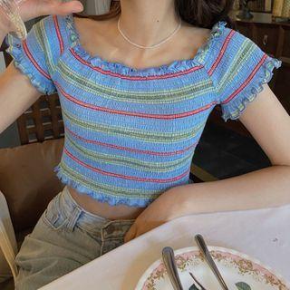 Striped Short-sleeve Top Tshirt - One Size