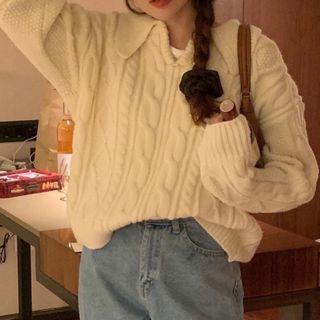 Collared Cable Knit Sweater Beige - One Size