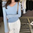 Long Sleeve V-neck Plain Top In Various Design