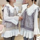 Peter-pan-collar Blouse / Leopard Pattern Knit Vest / Set