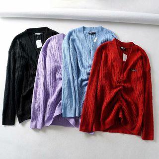 V-neck Cable Knit Ruched Sweater