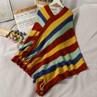 Rainbow-stripe Asymmetric Fringed Cape Top Red - One Size