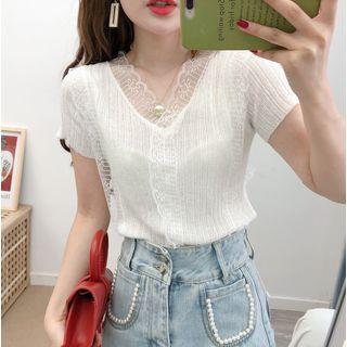Lace Trim Short-sleeve Knit Top White - One Size