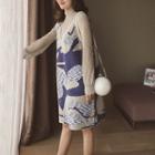 Set: Mock-neck Long-sleeve Top + V-neck Printed Sleeveless Knit Dress